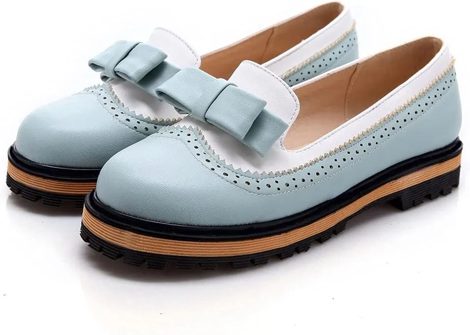 MIOKE Women's Flat Bow Slip On Oxford Shoes Two Tone Wingtip Perforated Low Heels School Oxfords Brogues