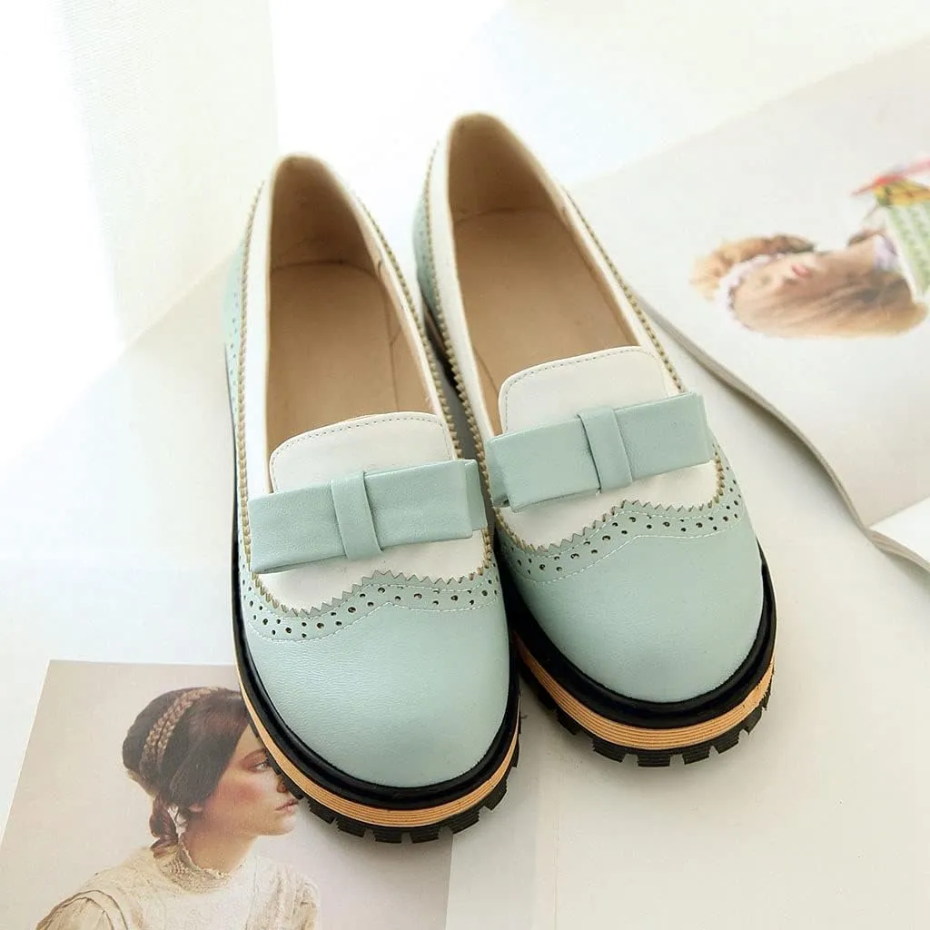 MIOKE Women's Flat Bow Slip On Oxford Shoes Two Tone Wingtip Perforated Low Heels School Oxfords Brogues