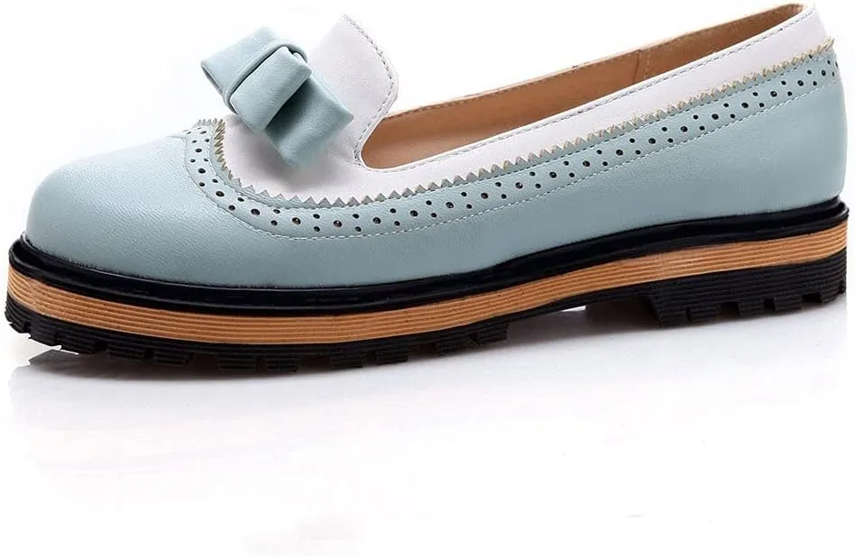 MIOKE Women's Flat Bow Slip On Oxford Shoes Two Tone Wingtip Perforated Low Heels School Oxfords Brogues