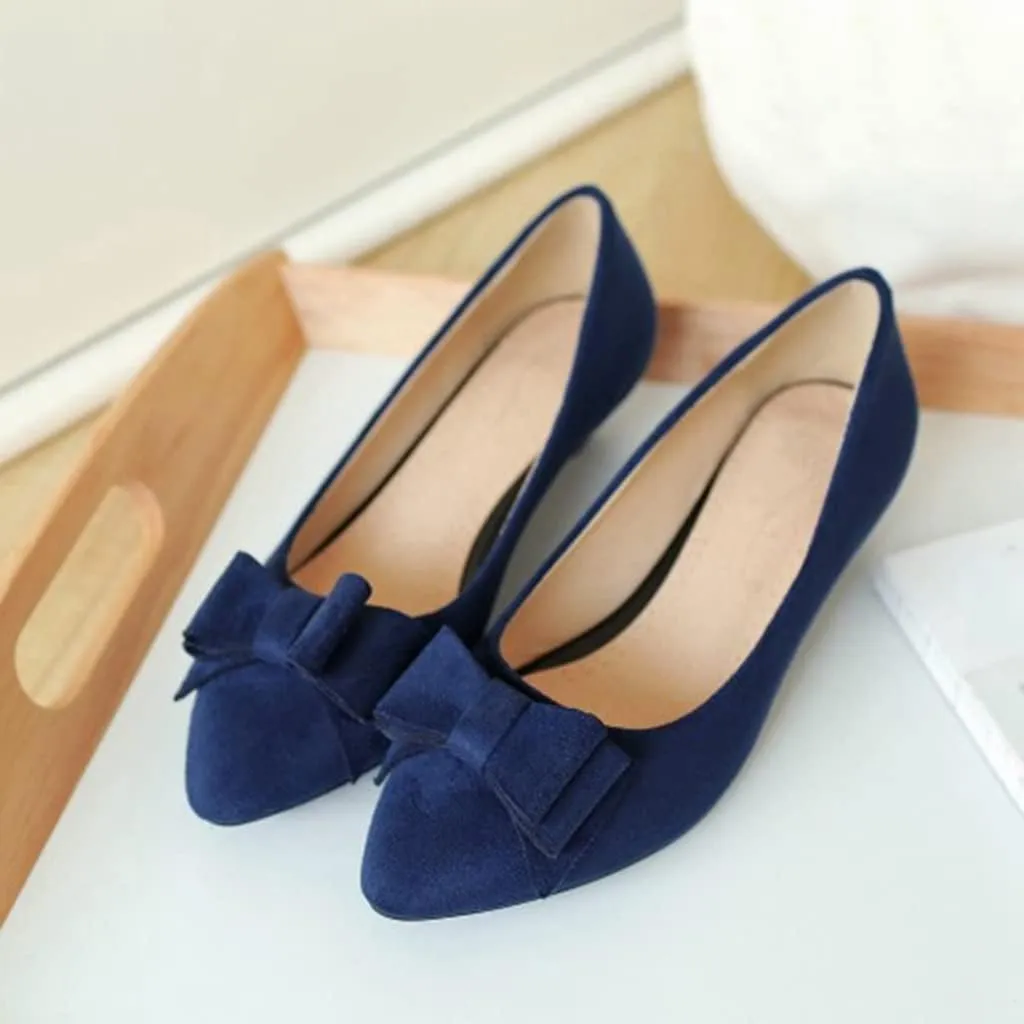 MIOKE Women's Pointed Toe Bowknot Comfy Kitten Low Heel Pumps Suede Slip On Loafer Casual Office Dress Shoes