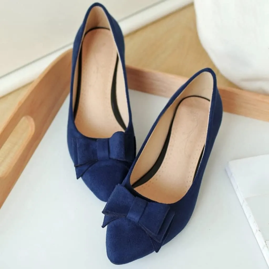 MIOKE Women's Pointed Toe Bowknot Comfy Kitten Low Heel Pumps Suede Slip On Loafer Casual Office Dress Shoes