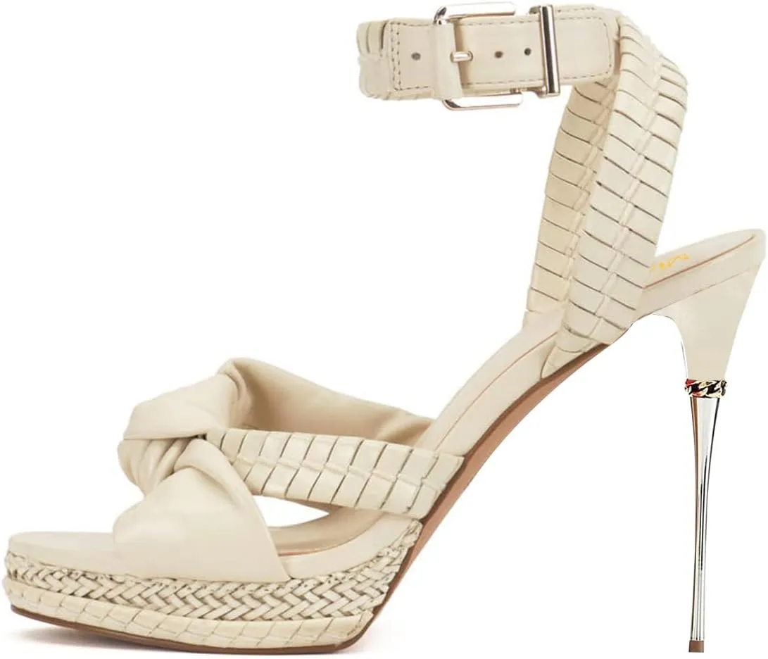 miss left Women Chic Super High Heel Braided Platform Sandals Open Toe with Knot Ankle Strap Buckle Elegant Prom Party Shoes Size 4-16 US