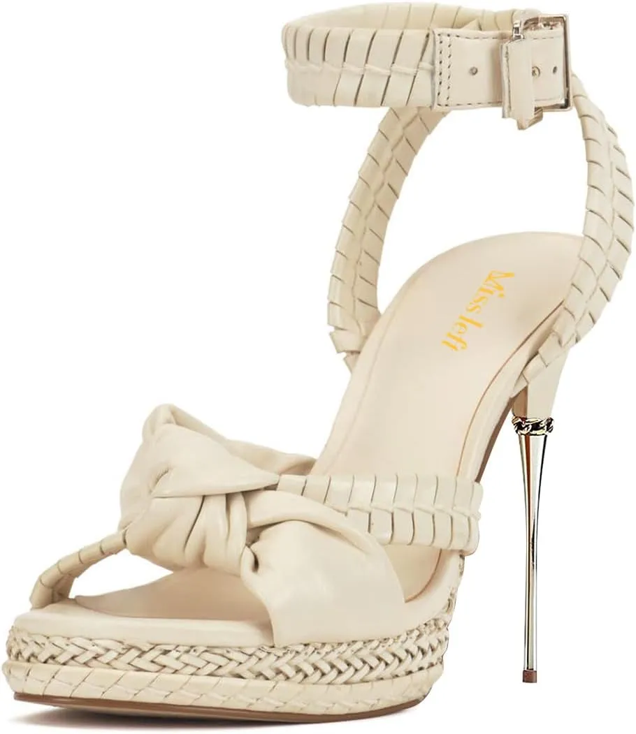miss left Women Chic Super High Heel Braided Platform Sandals Open Toe with Knot Ankle Strap Buckle Elegant Prom Party Shoes Size 4-16 US