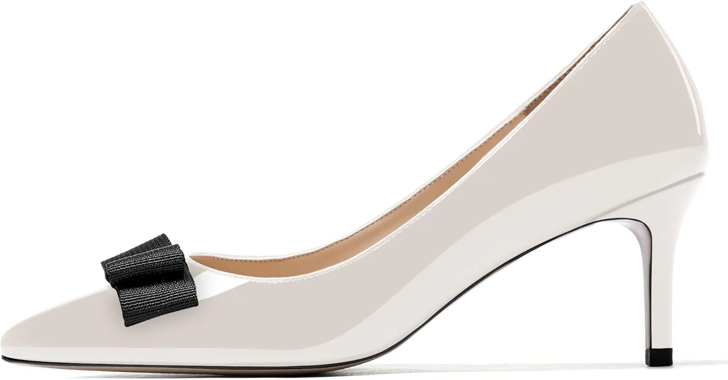MODENCOCO Women's Pointed Toe Dress Bridal Bow Tie Bow Slip On Patent Stiletto Mid Heel Pumps Shoes 2.5 Inch