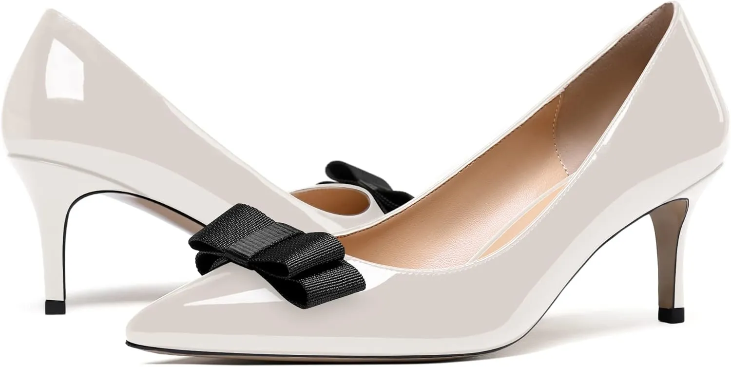 MODENCOCO Women's Pointed Toe Dress Bridal Bow Tie Bow Slip On Patent Stiletto Mid Heel Pumps Shoes 2.5 Inch