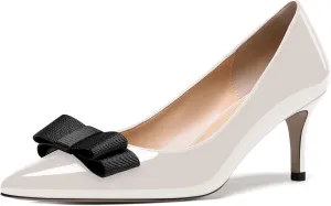 MODENCOCO Women's Pointed Toe Dress Bridal Bow Tie Bow Slip On Patent Stiletto Mid Heel Pumps Shoes 2.5 Inch