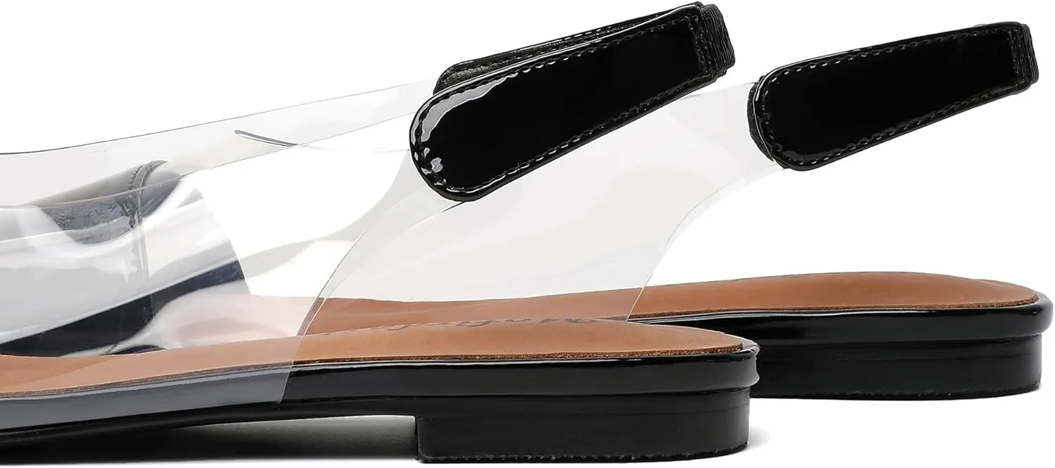 Mofirdast Clear Flats Sandals for Women Square Toe Slingback Flats with Transparent Ankle Strap for Work Weddings Parties