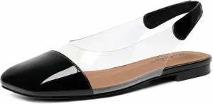 Mofirdast Clear Flats Sandals for Women Square Toe Slingback Flats with Transparent Ankle Strap for Work Weddings Parties