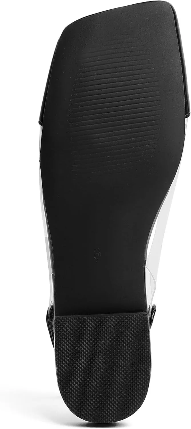 Mofirdast Clear Flats Sandals for Women Square Toe Slingback Flats with Transparent Ankle Strap for Work Weddings Parties