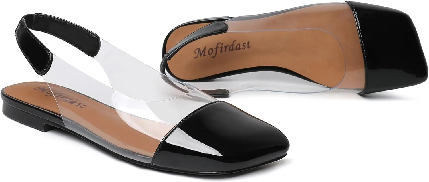 Mofirdast Clear Flats Sandals for Women Square Toe Slingback Flats with Transparent Ankle Strap for Work Weddings Parties