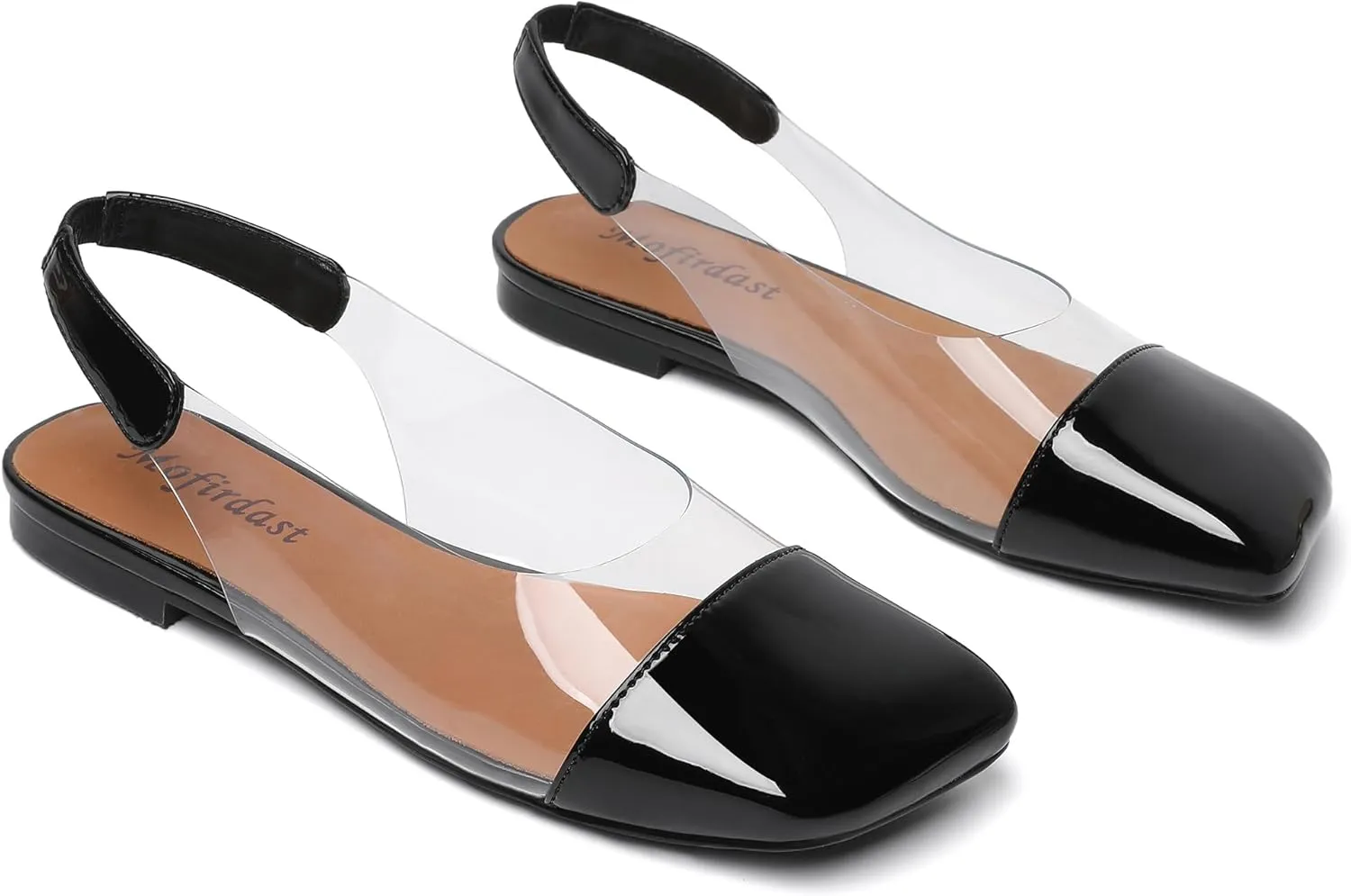 Mofirdast Clear Flats Sandals for Women Square Toe Slingback Flats with Transparent Ankle Strap for Work Weddings Parties