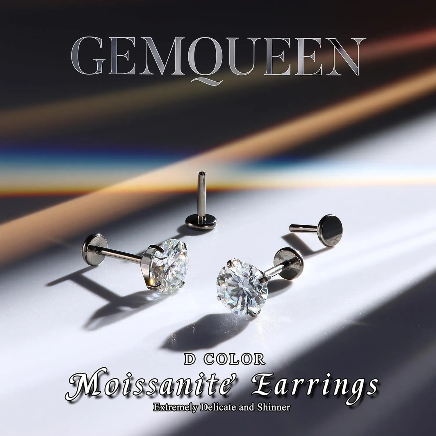 Moissanite Earrings G23 Titanium Extended Internal Thread Flat Back Earrings Hypoallergenic Tragus Cartilage Helix Conch Piercing Jewelry for Women Men 18G 6/8mm Post Gray/D Color VVS1 1-3CT