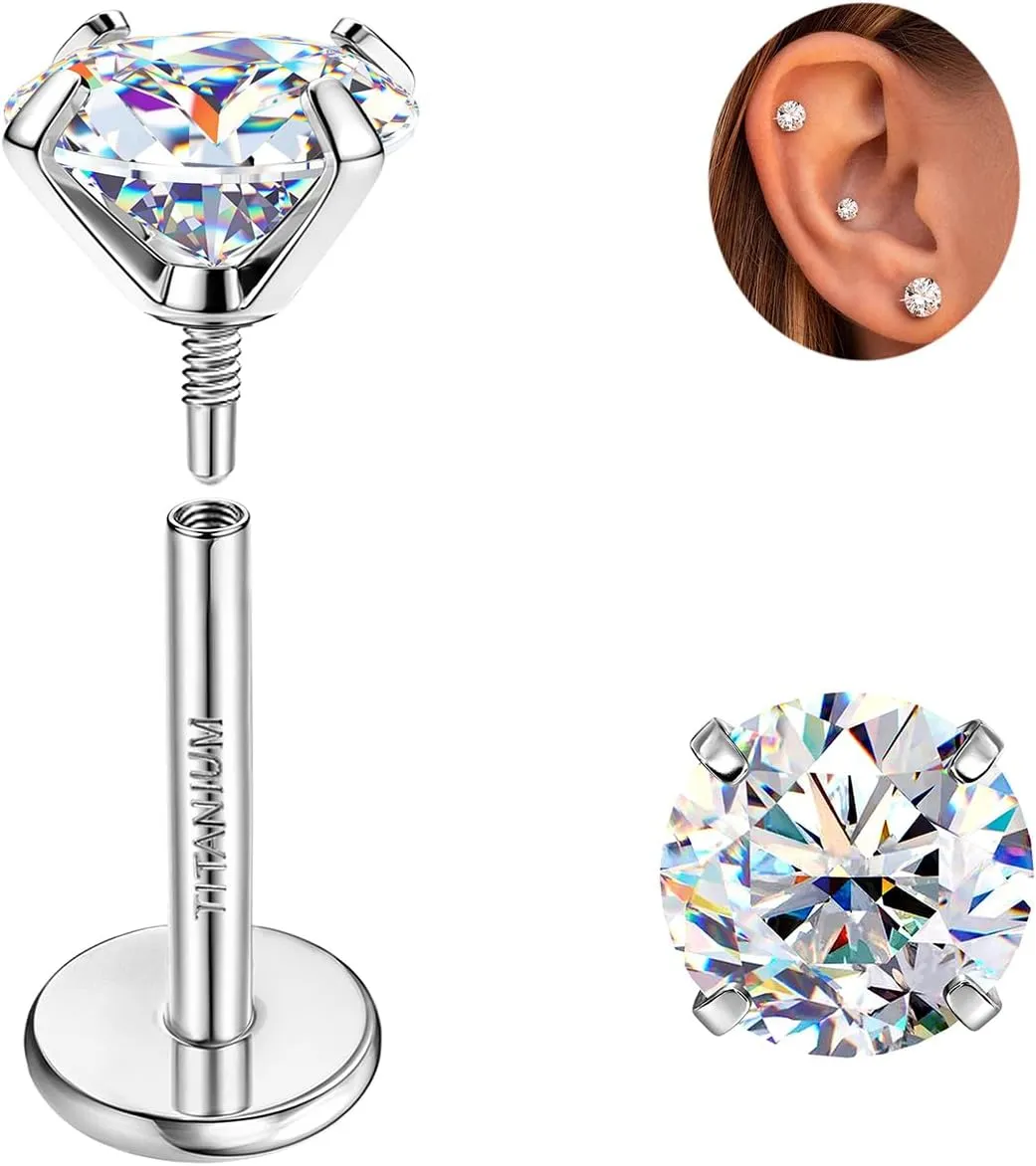 Moissanite Earrings G23 Titanium Extended Internal Thread Flat Back Earrings Hypoallergenic Tragus Cartilage Helix Conch Piercing Jewelry for Women Men 18G 6/8mm Post Gray/D Color VVS1 1-3CT