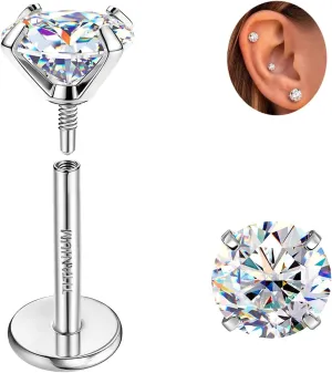 Moissanite Earrings G23 Titanium Extended Internal Thread Flat Back Earrings Hypoallergenic Tragus Cartilage Helix Conch Piercing Jewelry for Women Men 18G 6/8mm Post Gray/D Color VVS1 1-3CT