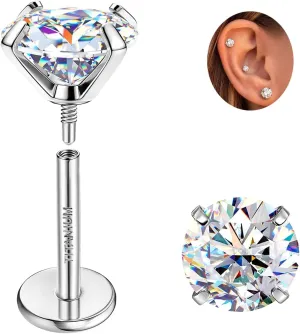 Moissanite Earrings G23 Titanium Extended Internal Thread Flat Back Earrings Hypoallergenic Tragus Cartilage Helix Conch Piercing Jewelry for Women Men 18G 6/8mm Post Gray/D Color VVS1 1-3CT