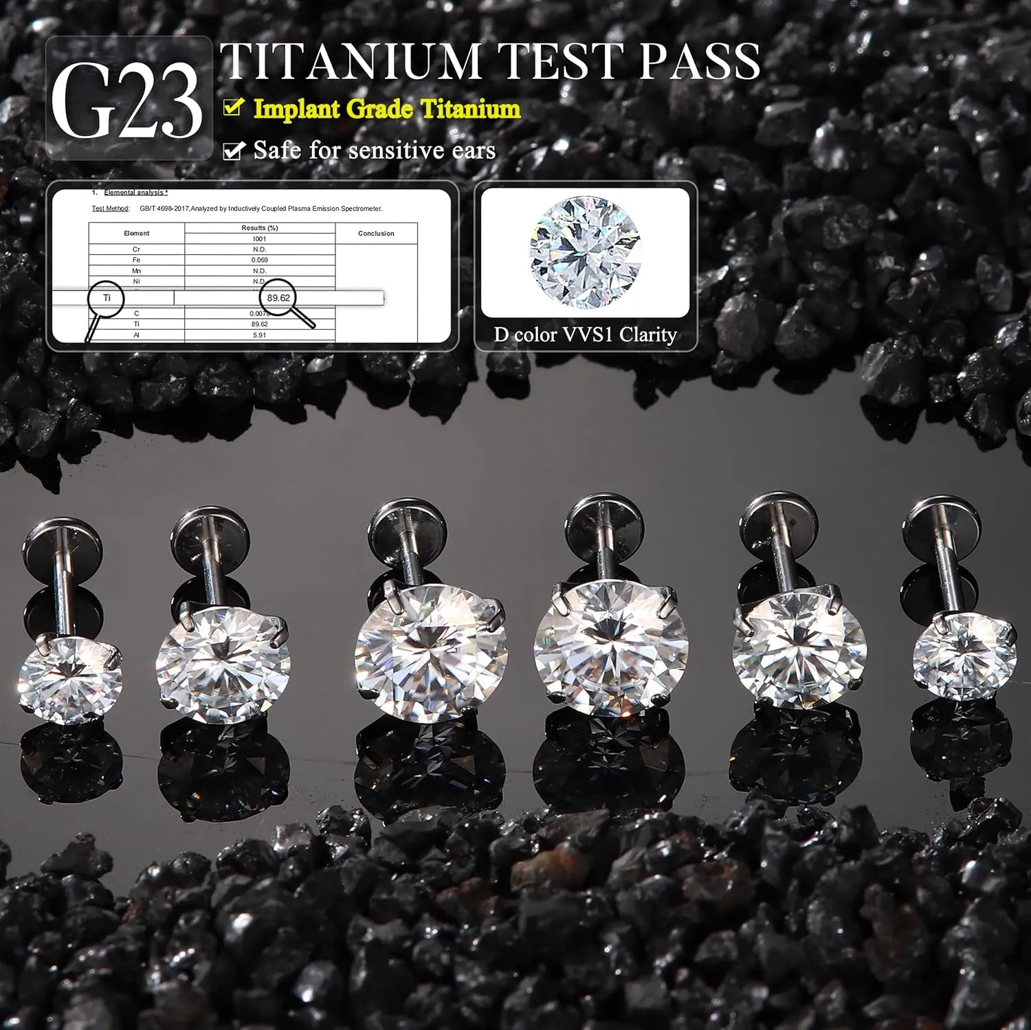 Moissanite Earrings G23 Titanium Extended Internal Thread Flat Back Earrings Hypoallergenic Tragus Cartilage Helix Conch Piercing Jewelry for Women Men 18G 6/8mm Post Gray/D Color VVS1 1-3CT