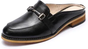 Mona flying Women Leather Mules Shoes Backless Slip On Loafer Low Heel Flats Summer Slide