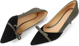 MOOMMO Women Bow Kitten Heel Pumps Cap Pointed Toe Slip On Mid Thin Heels Dress Shoes Two Tone Comfy Closed Toe Sandals Patchwork Matte Suede Party Bridal Wedding Shoes Elegant Sexy 4-11 M US