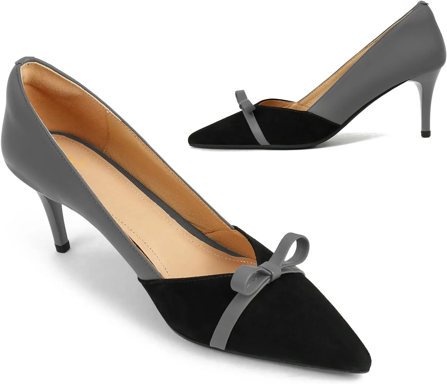 MOOMMO Women Bow Kitten Heel Pumps Cap Pointed Toe Slip On Mid Thin Heels Dress Shoes Two Tone Comfy Closed Toe Sandals Patchwork Matte Suede Party Bridal Wedding Shoes Elegant Sexy 4-11 M US