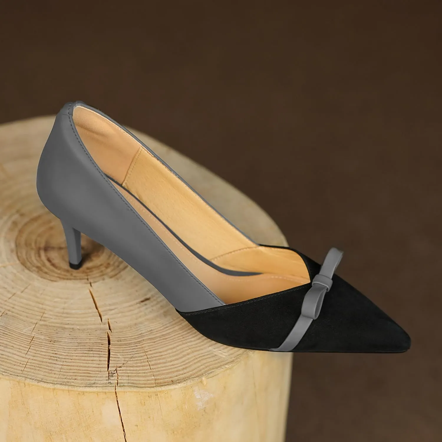 MOOMMO Women Bow Kitten Heel Pumps Cap Pointed Toe Slip On Mid Thin Heels Dress Shoes Two Tone Comfy Closed Toe Sandals Patchwork Matte Suede Party Bridal Wedding Shoes Elegant Sexy 4-11 M US