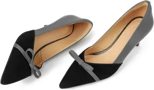 MOOMMO Women Bow Kitten Heel Pumps Cap Pointed Toe Slip On Mid Thin Heels Dress Shoes Two Tone Comfy Closed Toe Sandals Patchwork Matte Suede Party Bridal Wedding Shoes Elegant Sexy 4-11 M US