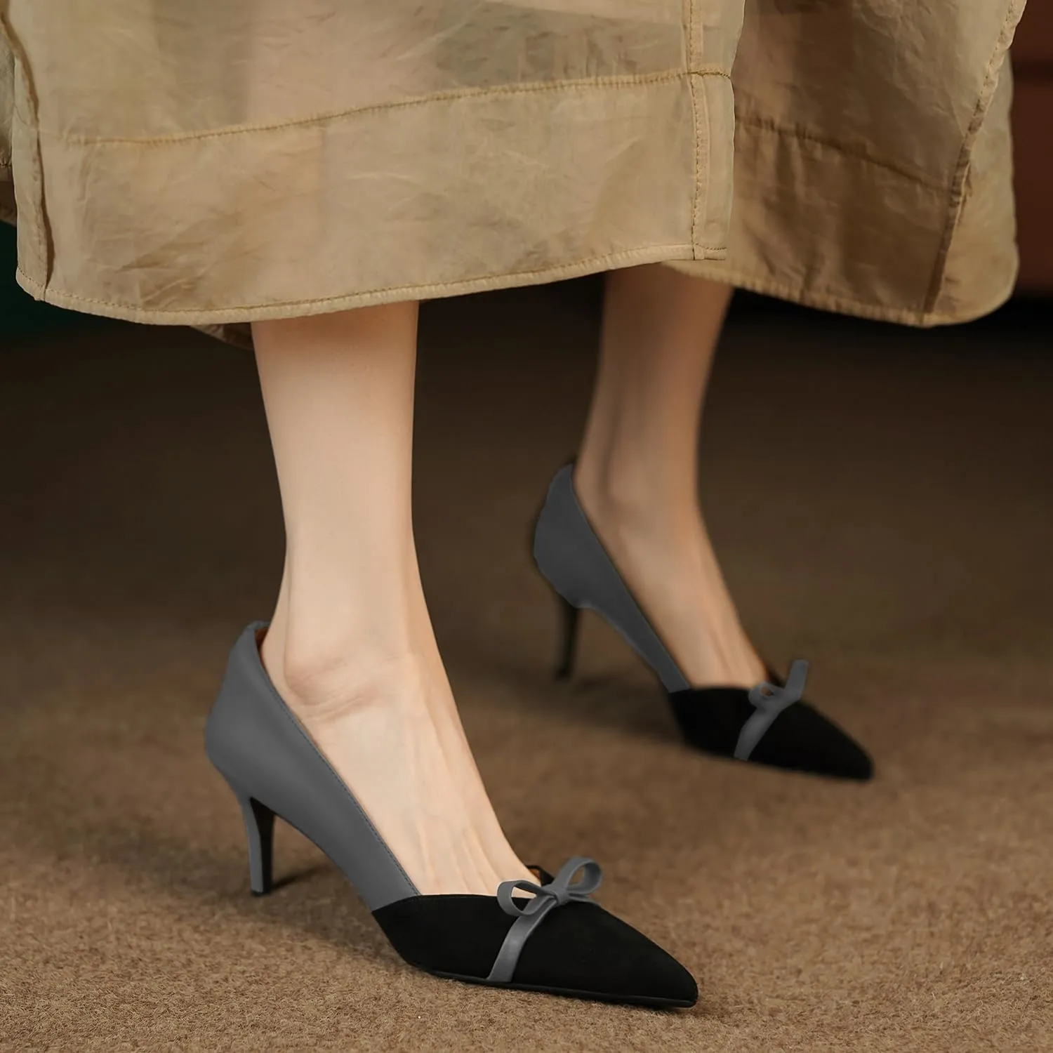 MOOMMO Women Bow Kitten Heel Pumps Cap Pointed Toe Slip On Mid Thin Heels Dress Shoes Two Tone Comfy Closed Toe Sandals Patchwork Matte Suede Party Bridal Wedding Shoes Elegant Sexy 4-11 M US