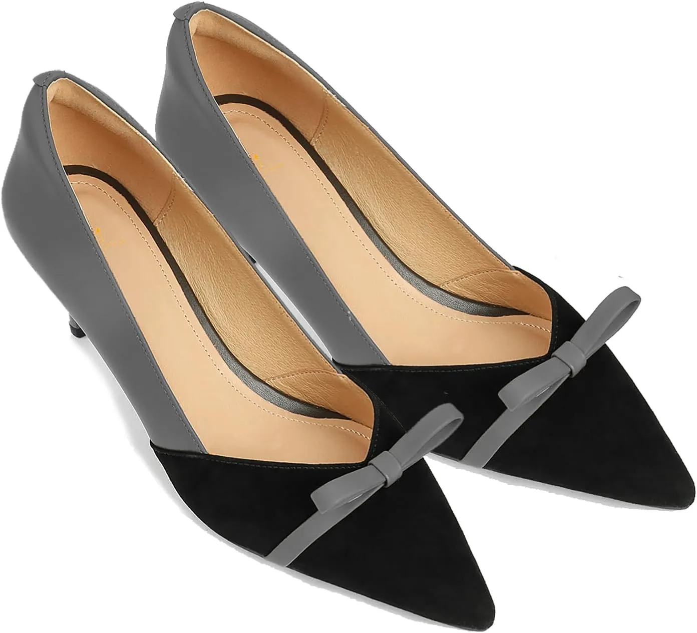 MOOMMO Women Bow Kitten Heel Pumps Cap Pointed Toe Slip On Mid Thin Heels Dress Shoes Two Tone Comfy Closed Toe Sandals Patchwork Matte Suede Party Bridal Wedding Shoes Elegant Sexy 4-11 M US