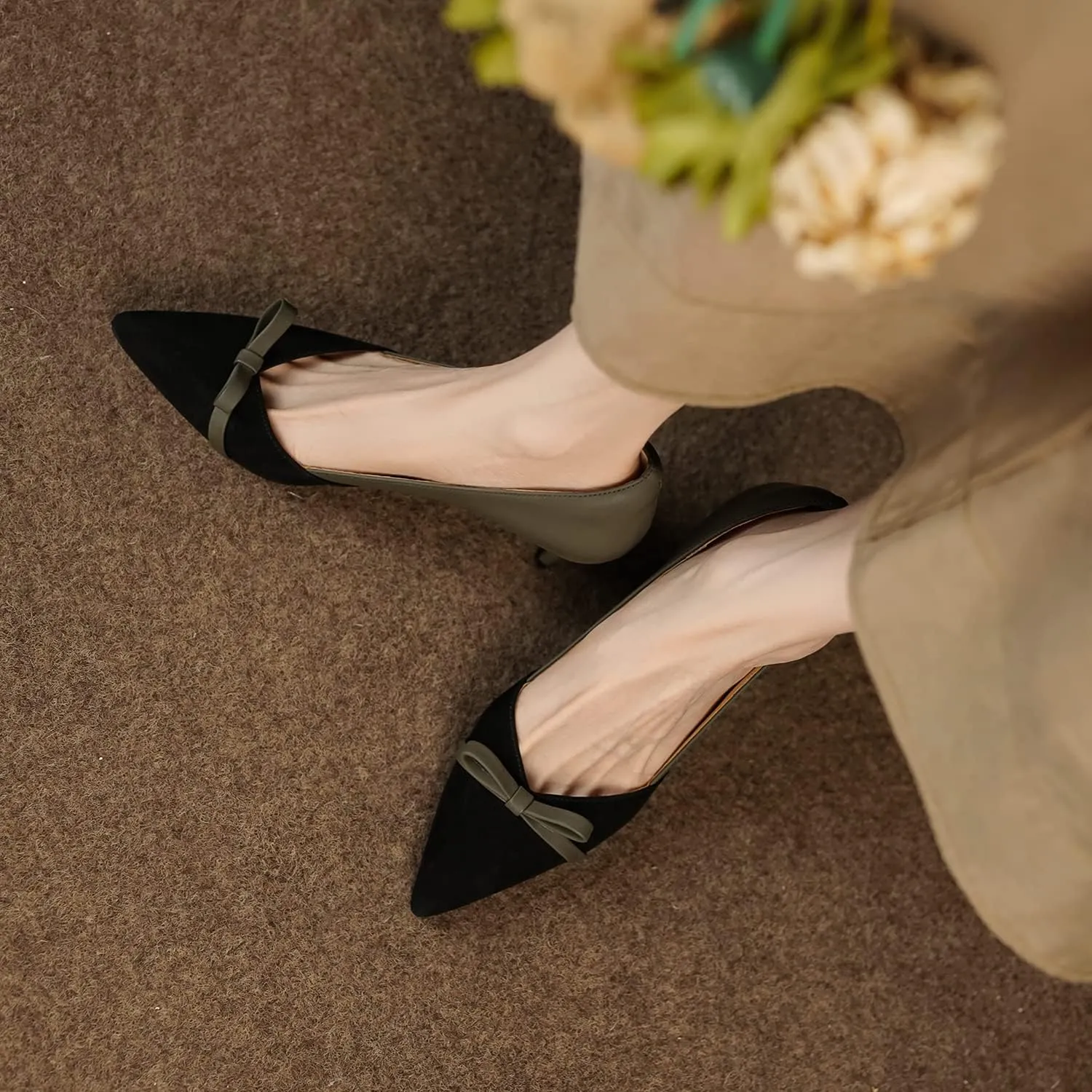 MOOMMO Women Bow Kitten Heel Pumps Cap Pointed Toe Slip On Mid Thin Heels Dress Shoes Two Tone Comfy Closed Toe Sandals Patchwork Matte Suede Party Bridal Wedding Shoes Elegant Sexy 4-11 M US