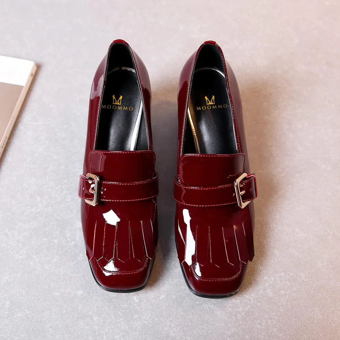 MOOMMO Women Chunky Block Heel Loafers Pumps Square Closed Toe Slip On Dress Shoes Patent Leather Oxford Loafer Shoes Fringe Buckle Tassel Wingtip Office Work Shoe Business Professional 4-11 M US