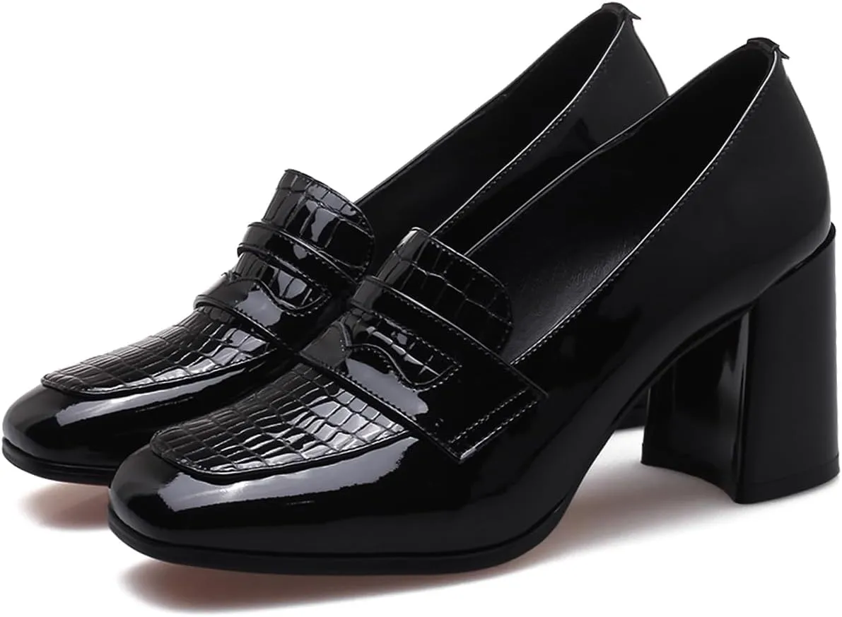 MOOMMO Women Chunky Block Heel Loafers Pumps Square Closed Toe Slip On Dress Shoes Patent Leather Oxford Loafer Shoes Fringe Buckle Tassel Wingtip Office Work Shoe Business Professional 4-11 M US
