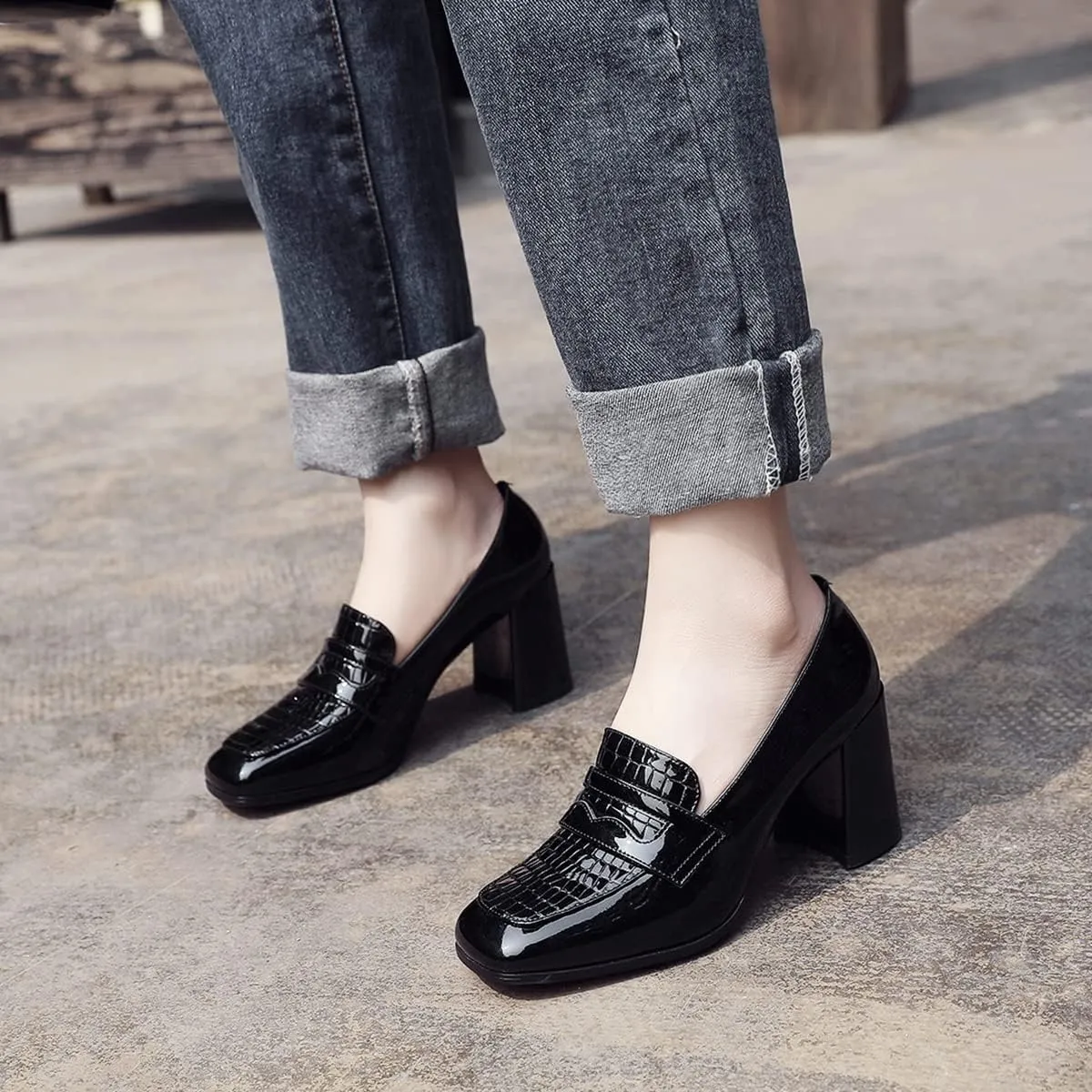 MOOMMO Women Chunky Block Heel Loafers Pumps Square Closed Toe Slip On Dress Shoes Patent Leather Oxford Loafer Shoes Fringe Buckle Tassel Wingtip Office Work Shoe Business Professional 4-11 M US