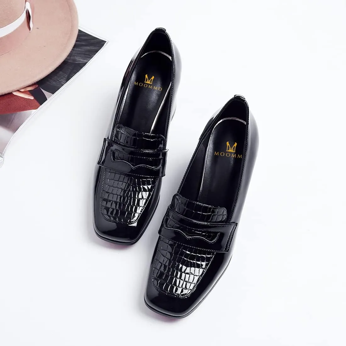 MOOMMO Women Chunky Block Heel Loafers Pumps Square Closed Toe Slip On Dress Shoes Patent Leather Oxford Loafer Shoes Fringe Buckle Tassel Wingtip Office Work Shoe Business Professional 4-11 M US