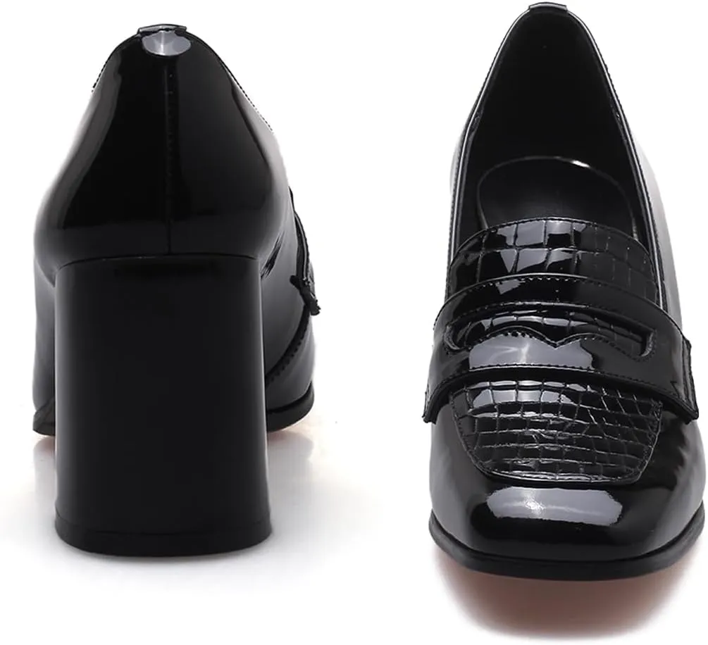 MOOMMO Women Chunky Block Heel Loafers Pumps Square Closed Toe Slip On Dress Shoes Patent Leather Oxford Loafer Shoes Fringe Buckle Tassel Wingtip Office Work Shoe Business Professional 4-11 M US