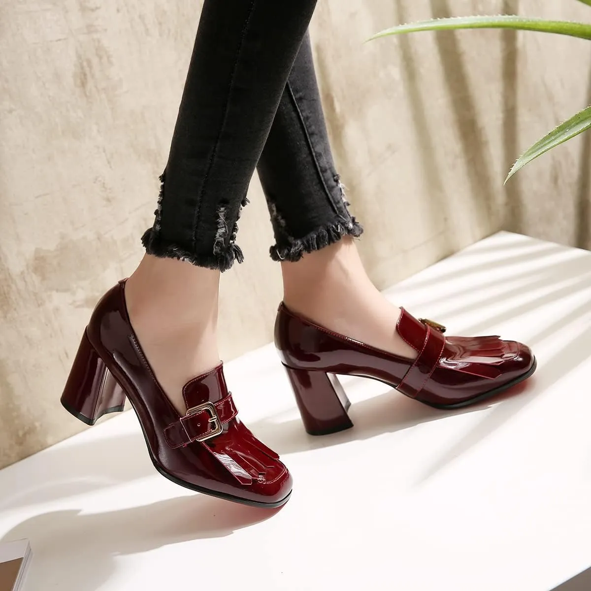 MOOMMO Women Chunky Block Heel Loafers Pumps Square Closed Toe Slip On Dress Shoes Patent Leather Oxford Loafer Shoes Fringe Buckle Tassel Wingtip Office Work Shoe Business Professional 4-11 M US
