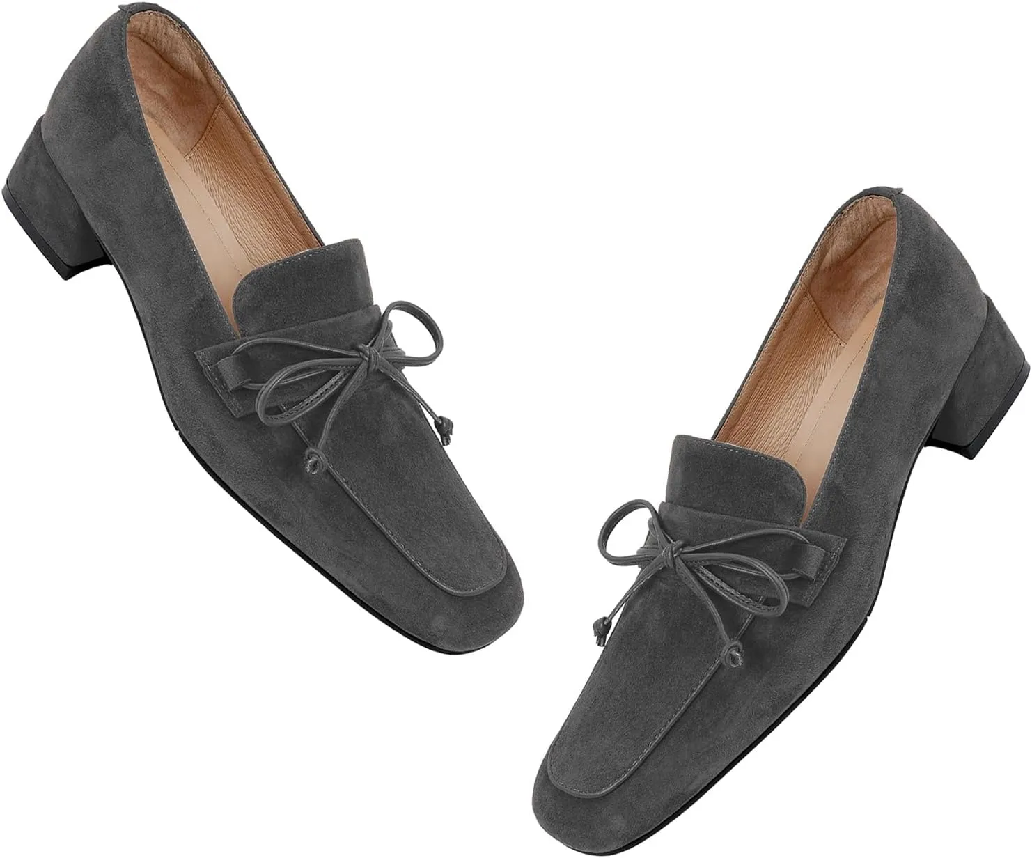MOOMMO Women Chunky Low Heel Loafers Bow Suede Slip On Closed Square Toe Loafer Shoes Oxfords Comfy 1 Inch Block Heels Dress Shoes Pumps Office Work Pumps Vintage Retro Comfy 4-11 M US
