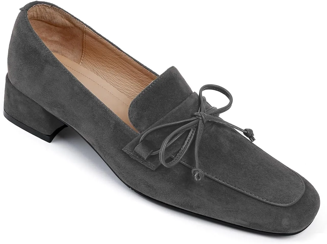 MOOMMO Women Chunky Low Heel Loafers Bow Suede Slip On Closed Square Toe Loafer Shoes Oxfords Comfy 1 Inch Block Heels Dress Shoes Pumps Office Work Pumps Vintage Retro Comfy 4-11 M US