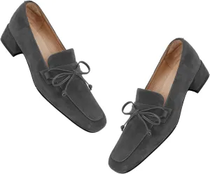 MOOMMO Women Chunky Low Heel Loafers Bow Suede Slip On Closed Square Toe Loafer Shoes Oxfords Comfy 1 Inch Block Heels Dress Shoes Pumps Office Work Pumps Vintage Retro Comfy 4-11 M US