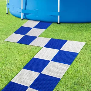 moonoom 16 Pcs Ground Pool Drainage Walkway, 10.3" x 10.3" Pool Floor Protector Mat, Non-Slip Plastic Modular Interlocking Cushion for Protecting Pools Lawn and Away from Litter Blue and White