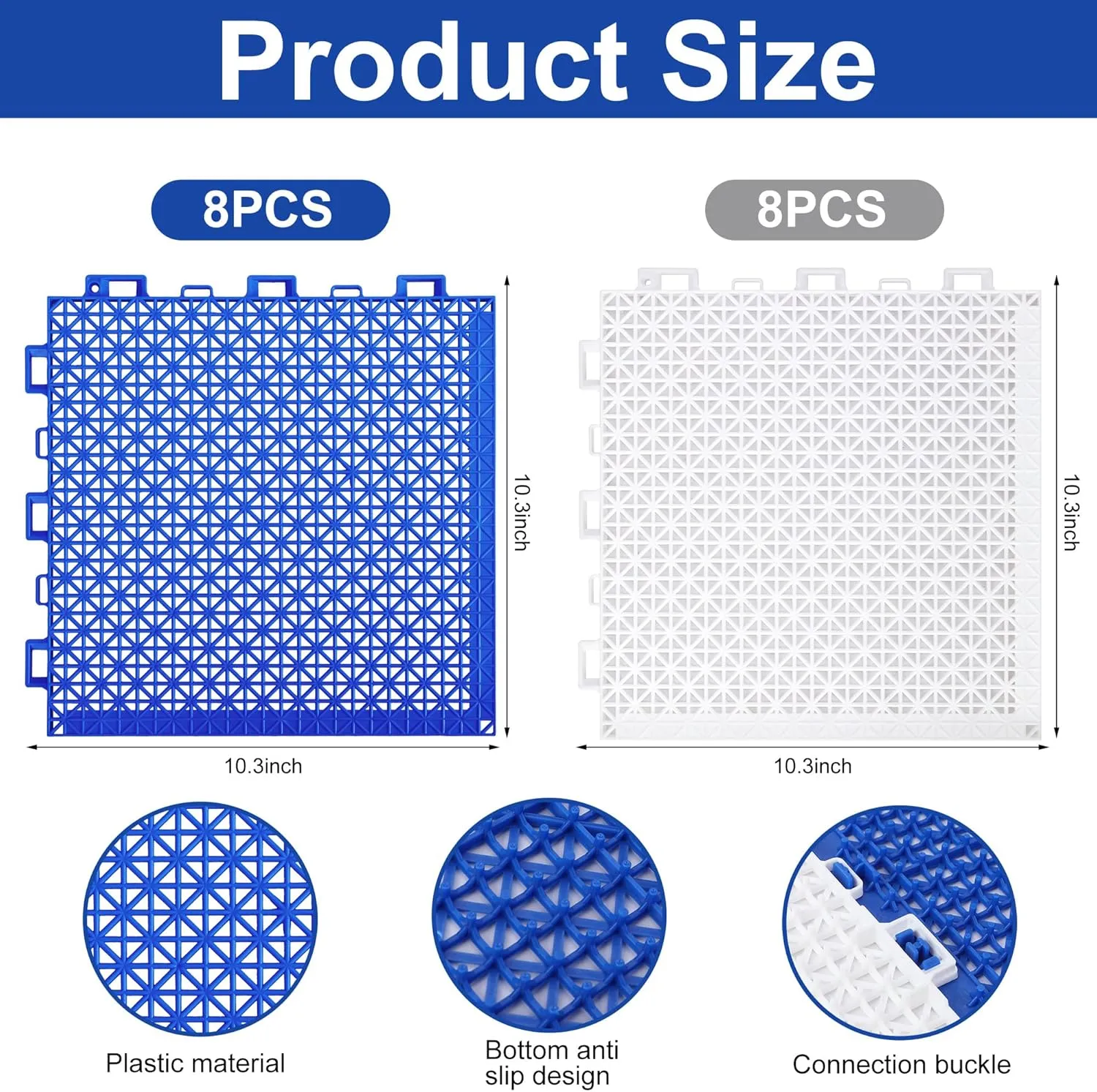 moonoom 16 Pcs Ground Pool Drainage Walkway, 10.3" x 10.3" Pool Floor Protector Mat, Non-Slip Plastic Modular Interlocking Cushion for Protecting Pools Lawn and Away from Litter Blue and White