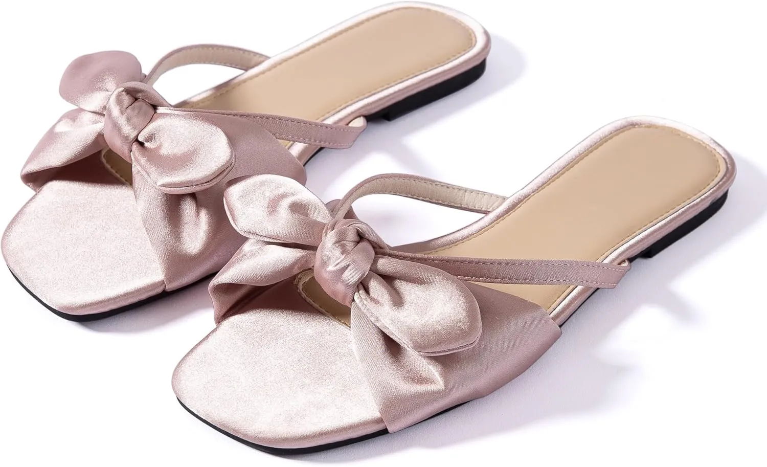 Mtzyoa Women Flat Sandals Bow Satin Ladies Summer Dressy Casual Vacation Bohemian Cute Leather Fashion Comfy Slip On Slides