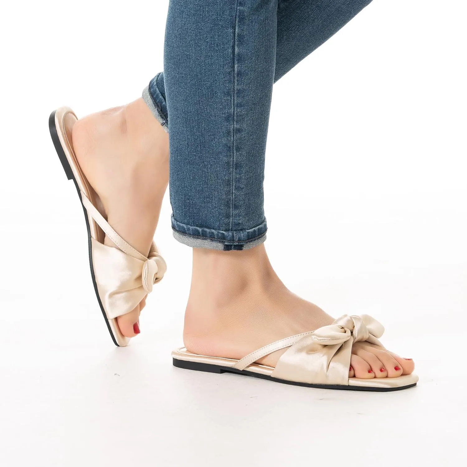 Mtzyoa Women Flat Sandals Bow Satin Ladies Summer Dressy Casual Vacation Bohemian Cute Leather Fashion Comfy Slip On Slides