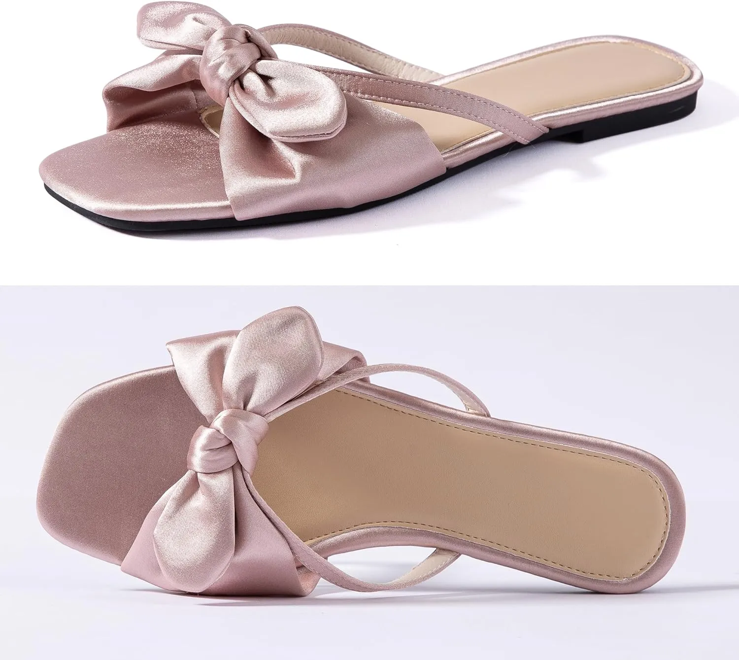 Mtzyoa Women Flat Sandals Bow Satin Ladies Summer Dressy Casual Vacation Bohemian Cute Leather Fashion Comfy Slip On Slides