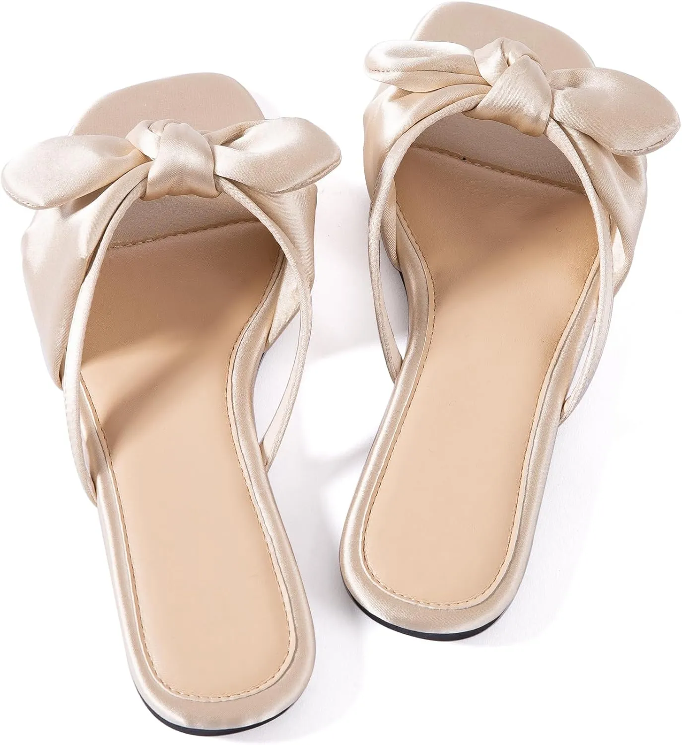 Mtzyoa Women Flat Sandals Bow Satin Ladies Summer Dressy Casual Vacation Bohemian Cute Leather Fashion Comfy Slip On Slides