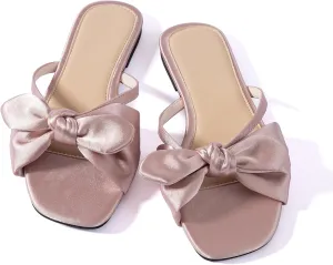 Mtzyoa Women Flat Sandals Bow Satin Ladies Summer Dressy Casual Vacation Bohemian Cute Leather Fashion Comfy Slip On Slides