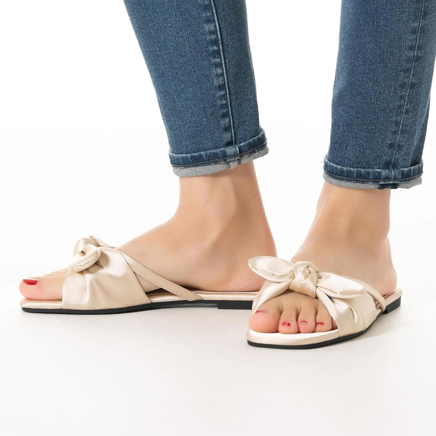 Mtzyoa Women Flat Sandals Bow Satin Ladies Summer Dressy Casual Vacation Bohemian Cute Leather Fashion Comfy Slip On Slides
