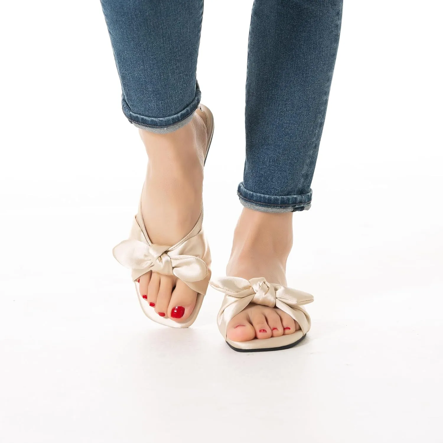Mtzyoa Women Flat Sandals Bow Satin Ladies Summer Dressy Casual Vacation Bohemian Cute Leather Fashion Comfy Slip On Slides