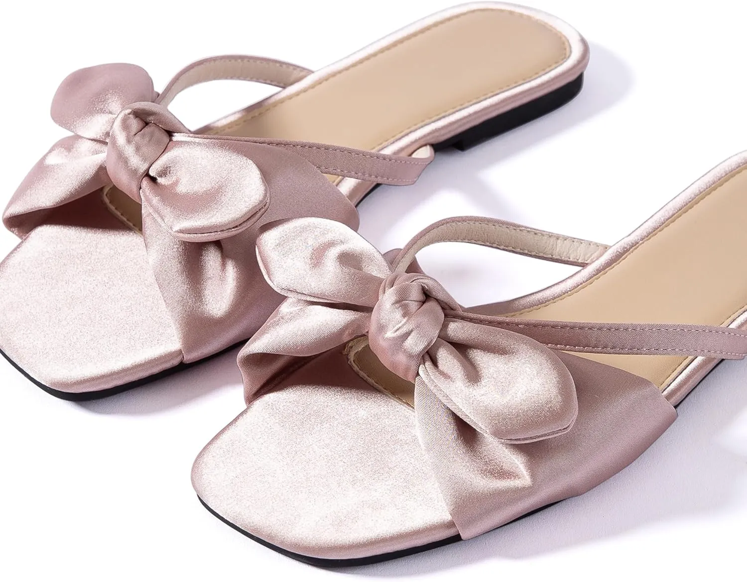 Mtzyoa Women Flat Sandals Bow Satin Ladies Summer Dressy Casual Vacation Bohemian Cute Leather Fashion Comfy Slip On Slides