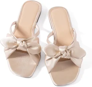 Mtzyoa Women Flat Sandals Bow Satin Ladies Summer Dressy Casual Vacation Bohemian Cute Leather Fashion Comfy Slip On Slides