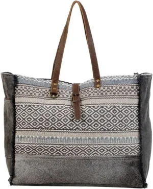 Myra Bag Minimal Rhombus Patterned Weekender Bag Upcycled Cotton & Hair Leather S-3044