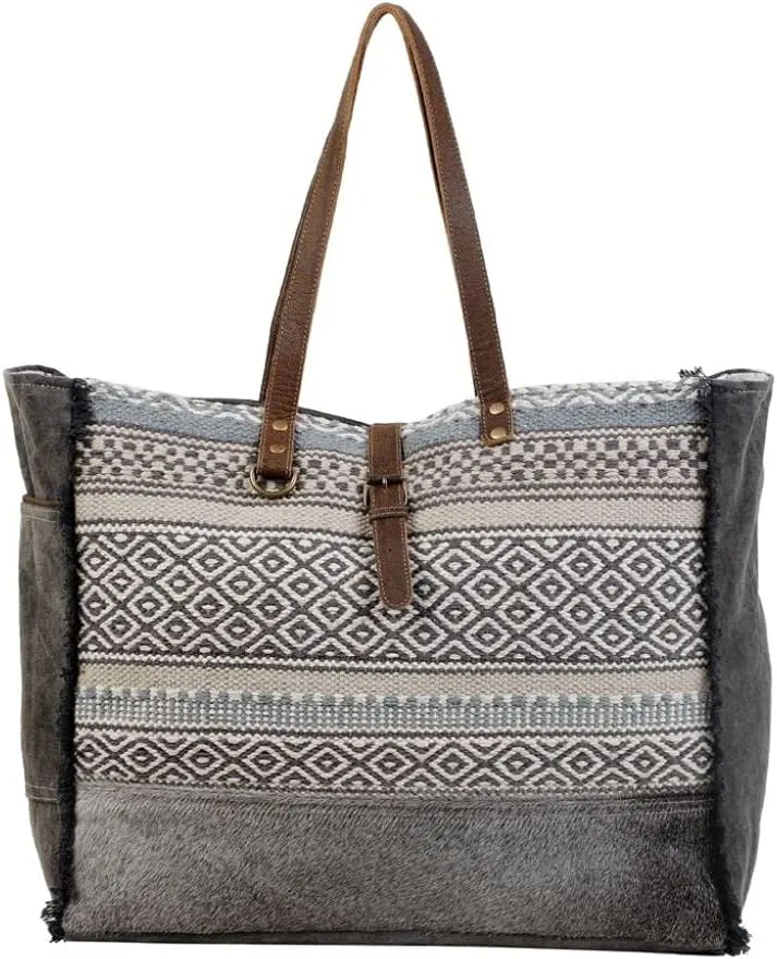 Myra Bag Minimal Rhombus Patterned Weekender Bag Upcycled Cotton & Hair Leather S-3044